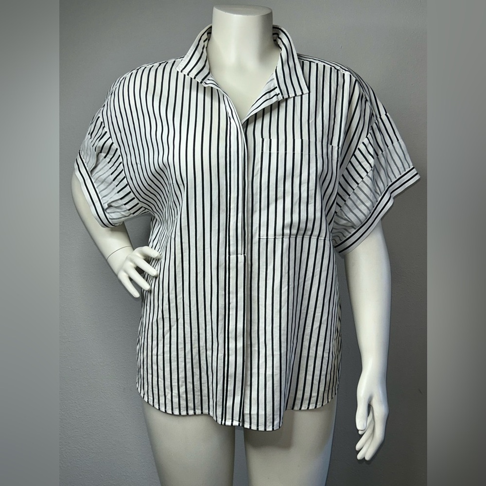 FRAME Sheila White with Black Stripe Button Front Short Sleeve Shirt sz XL / 16